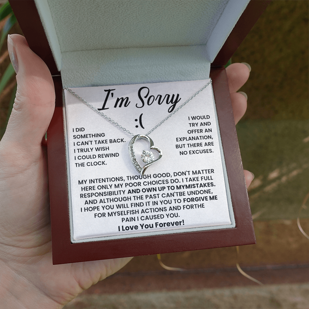 Forever Love Necklace with heartfelt apology message, featuring a heart-shaped pendant, perfect meaningful apology gift for her.