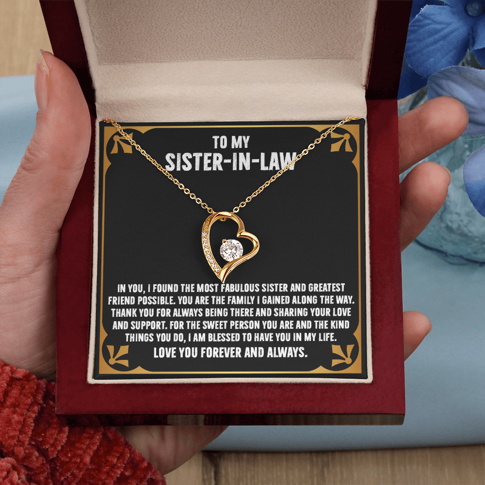 Elegant Forever Love Necklace with interlocking hearts in gift box, perfect sister-in-law present for birthdays, appreciation, or thank you.