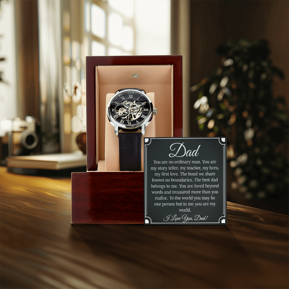 Alt Tag: Men's skeleton dial openwork watch with leather strap in gift box with touching message, perfect luxury gift for dad's day.