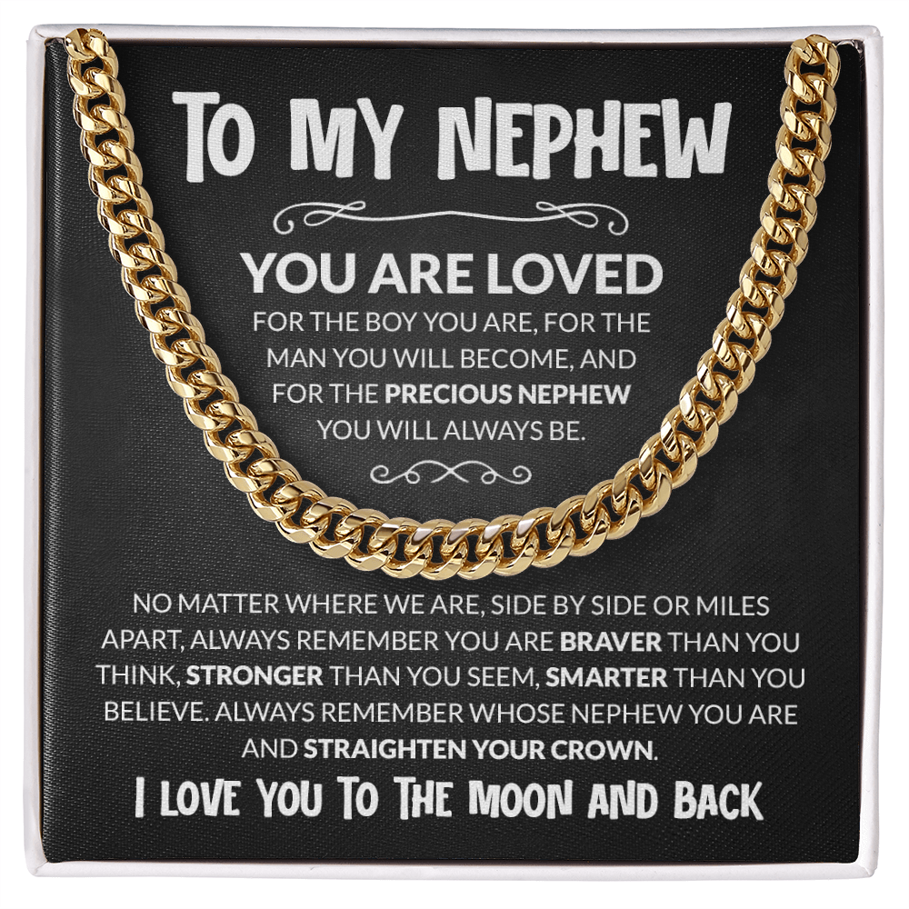 Cuban Chain Necklace on 'To My Nephew' message card, heartfelt birthday or graduation gift from aunt or uncle.