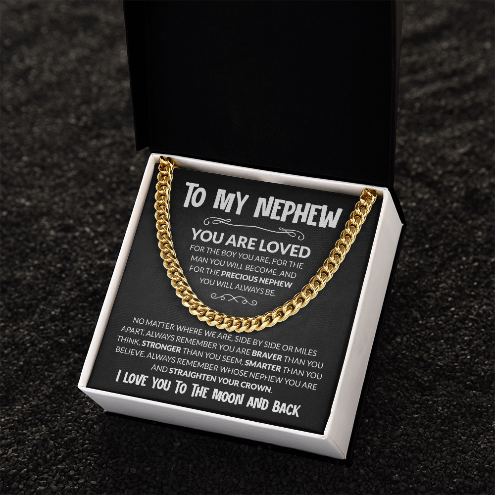 Cuban chain necklace for nephew with heartfelt message card, perfect for birthday or graduation gift from aunt or uncle.