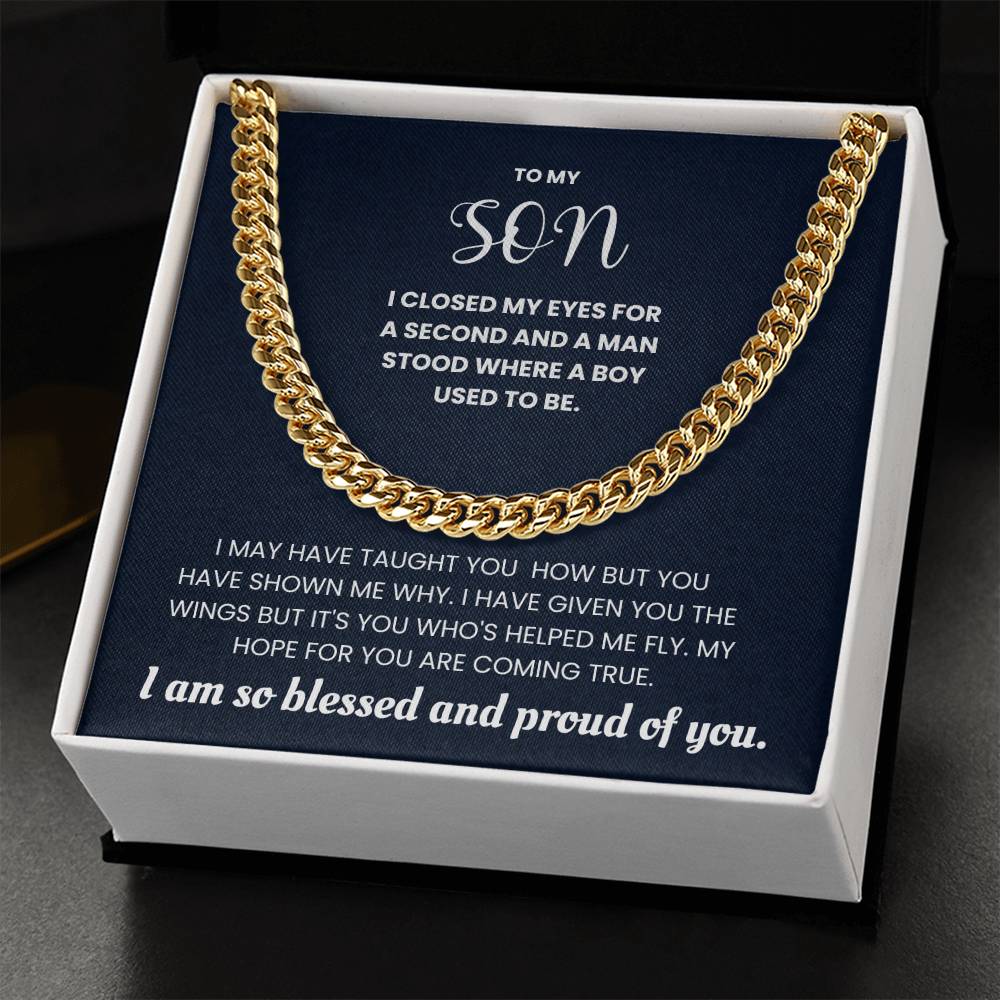 Gold Cuban link chain gift for son with sentimental message, ideal for birthdays or special occasions, in gift box display.