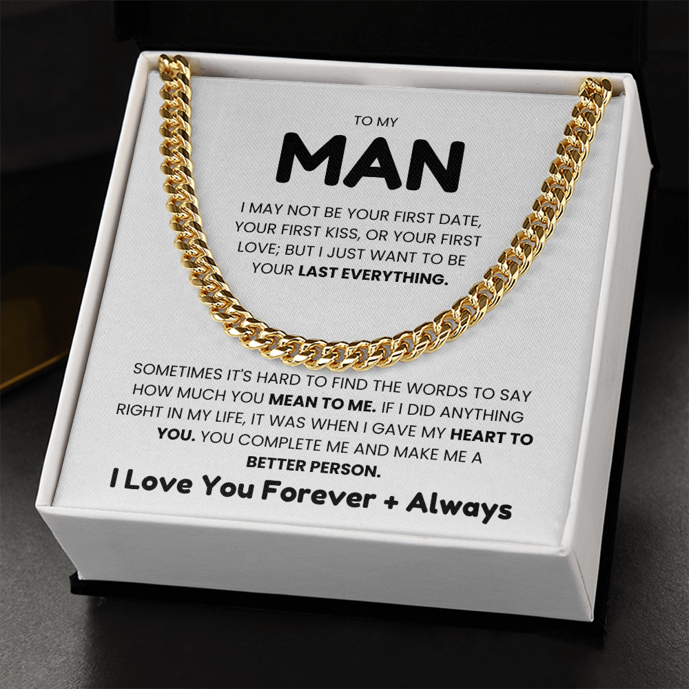 Cuban link chain necklace in gold gift box with romantic message for husband, perfect birthday or holiday gift.