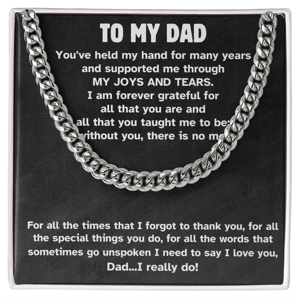Cuban link chain necklace with heartfelt message for Dad, perfect for gifts. Available in stainless steel or 14K gold. Adjustable and stylish.