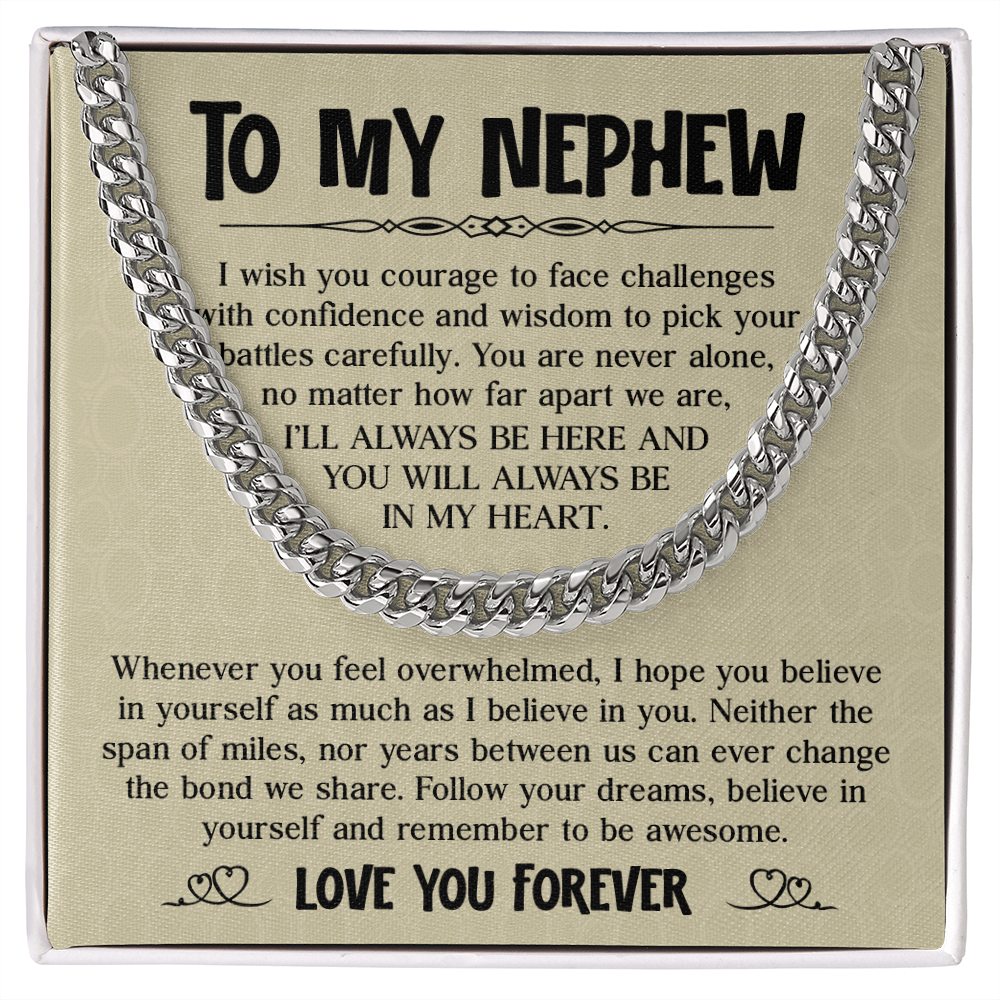 Cuban chain necklace on 'To My Nephew' message card, perfect gift from aunt or uncle, symbolizing love and encouragement.