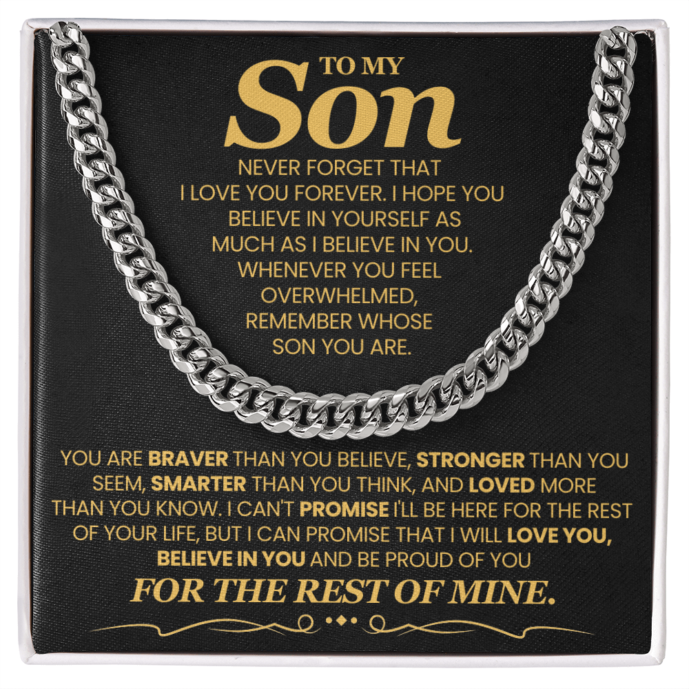 Cuban link chain gift for son with inspirational message from dad, perfect for birthdays, graduations, or keepsakes.