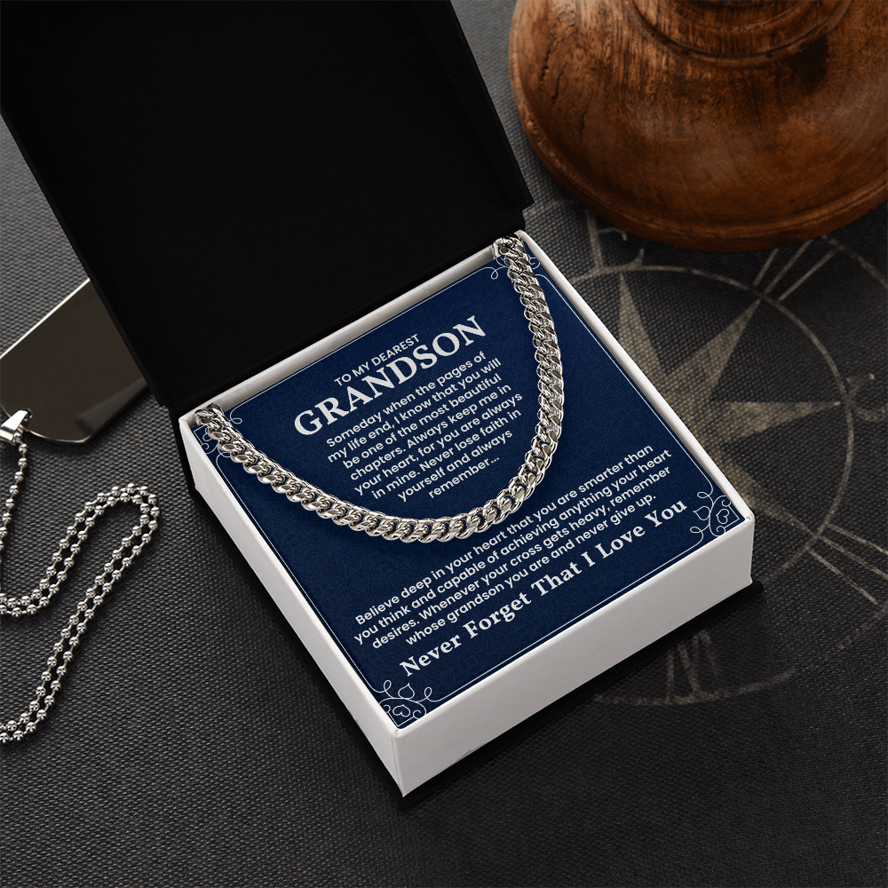 Cuban Link Chain Necklace gift for grandson with sentimental message, in a jewelry box. Perfect for birthdays or holidays.