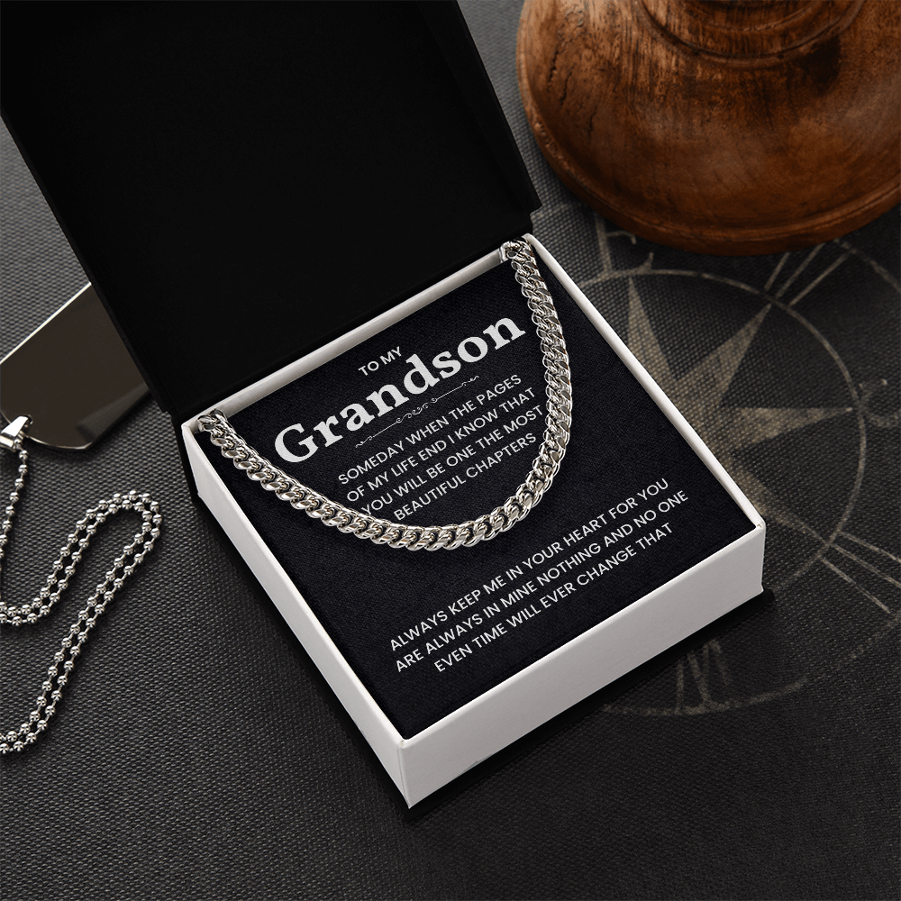 Cuban link chain necklace in gift box with sentimental message for grandson