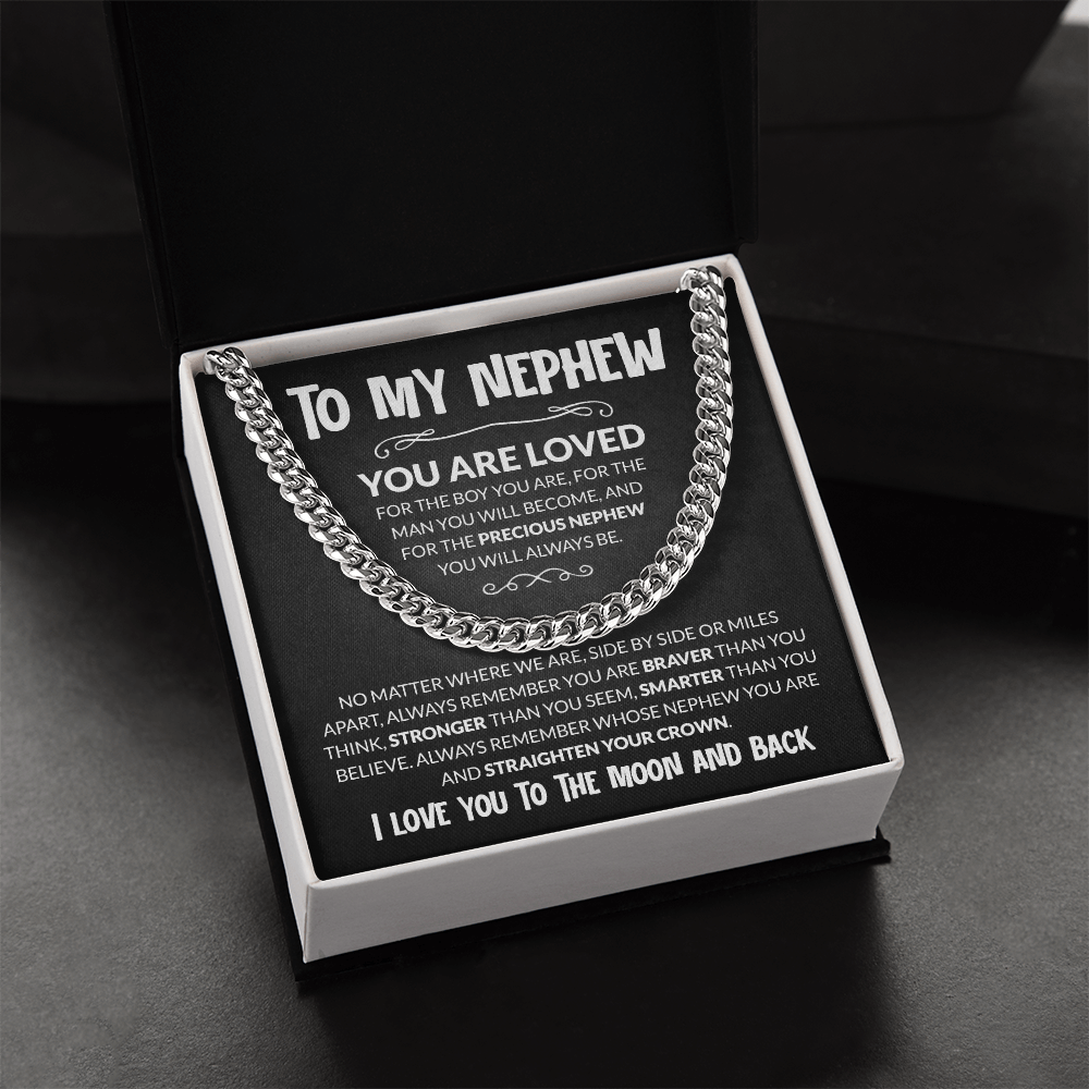 Cuban chain necklace gift for nephew from aunt or uncle, featuring a heartfelt message card celebrating love and encouragement.