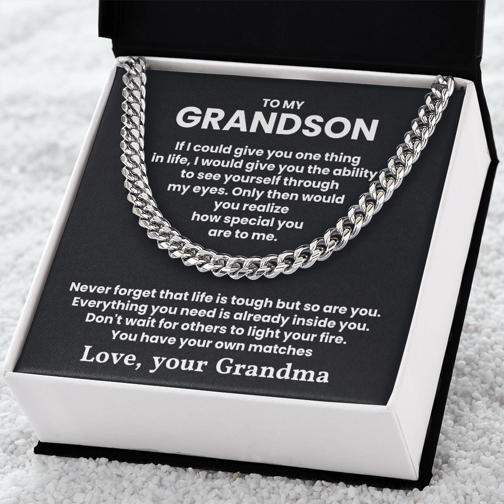 Cuban Link Chain Necklace in gift box with inspirational message 'To My Grandson - Don't Wait for Others to Light Your Fire'