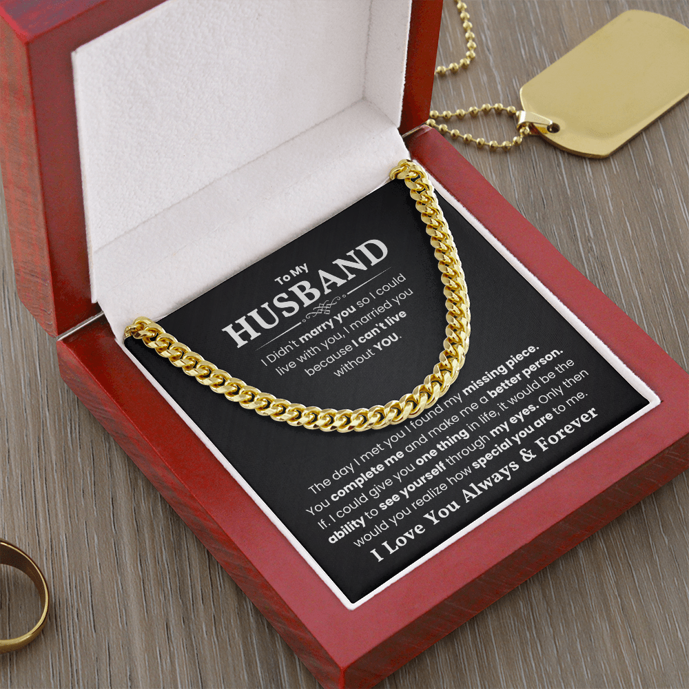 Gold Cuban Link Chain Necklace in gift box with heartfelt message to husband, perfect for birthdays and special occasions.