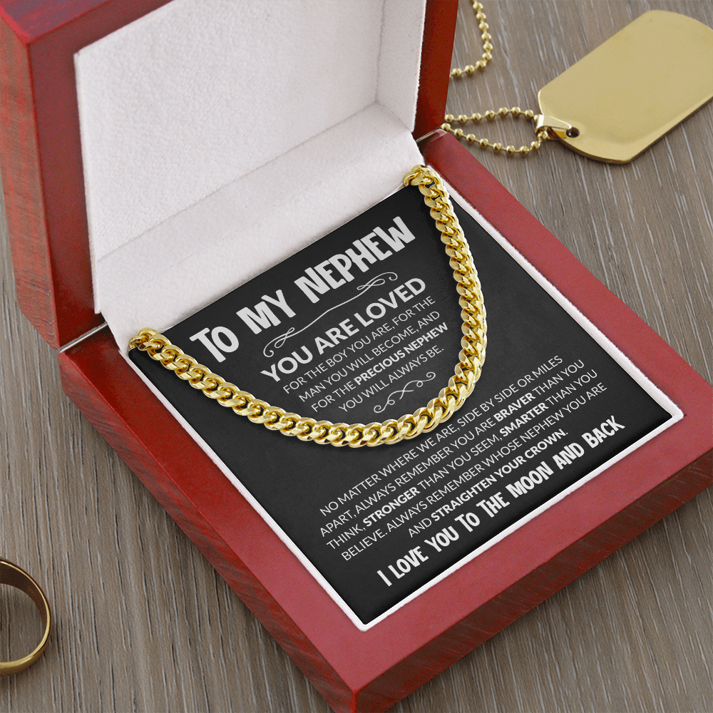 Cuban chain necklace gift for nephew with 'To My Nephew' message card, ideal for birthdays and graduations from aunt or uncle.