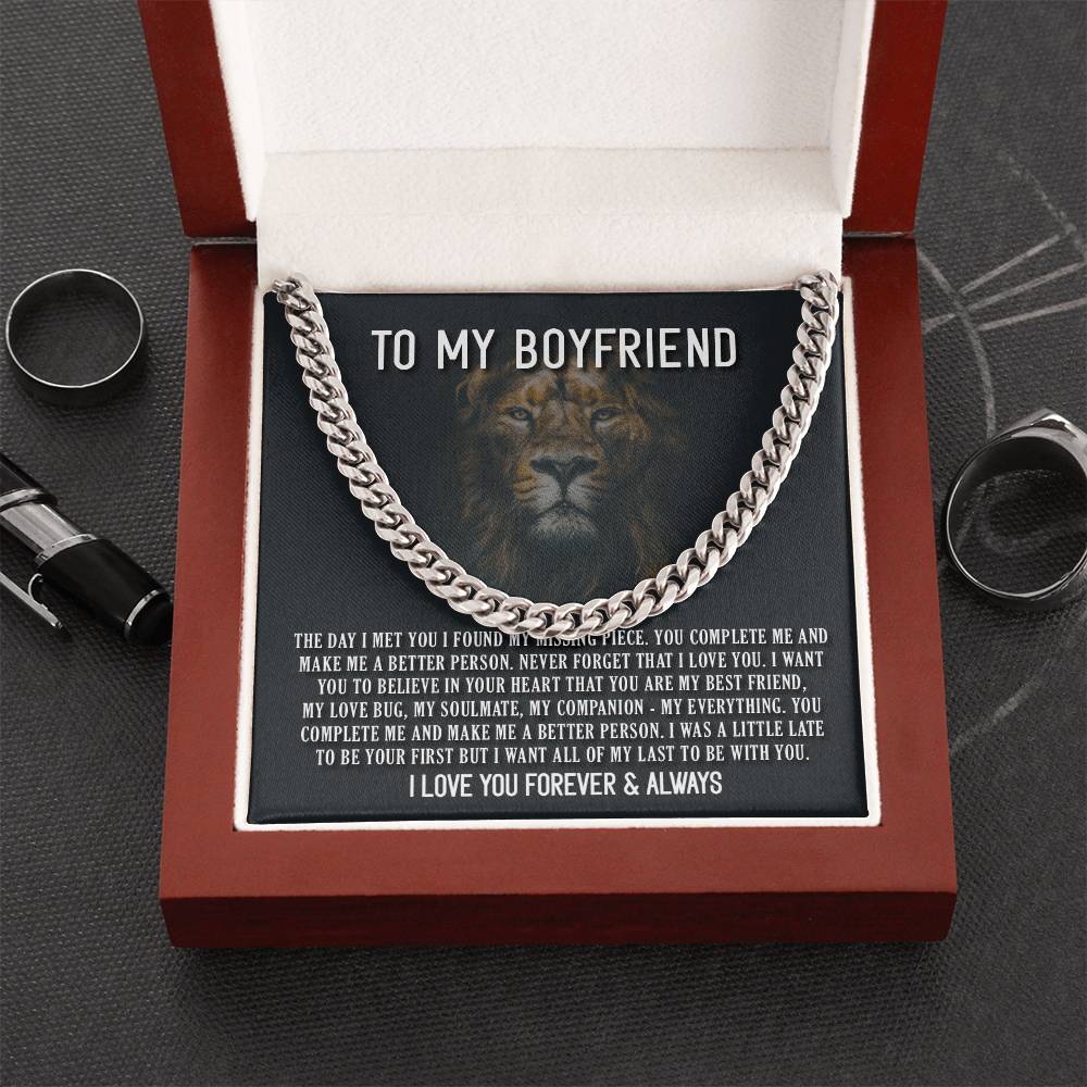 Cuban link chain necklace in gift box labeled 'To My Boyfriend', featuring a lion illustration, perfect gift for any occasion.