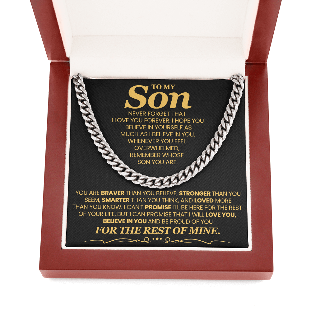 Cuban Link Chain in gift box with inspirational message card for son from dad, ideal for birthday or graduation keepsake.