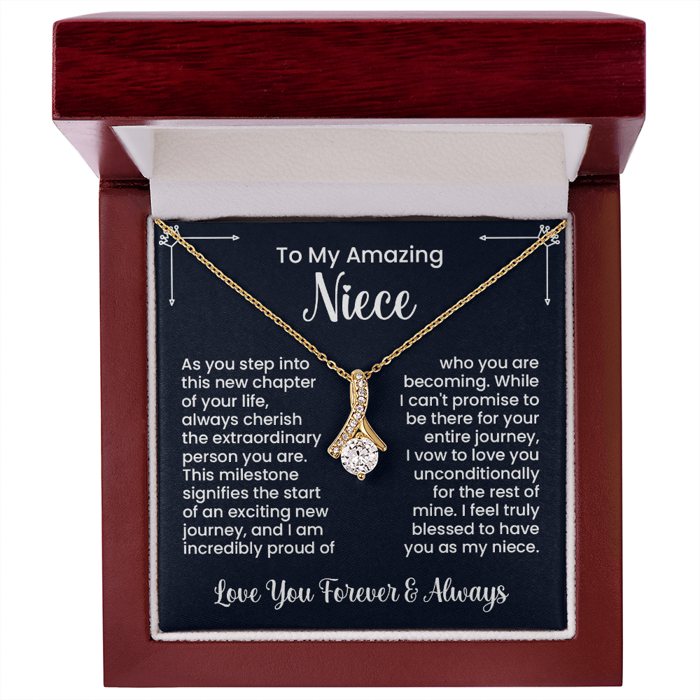 Elegant necklace with heartfelt message for niece in a gift box from aunt or uncle, perfect for birthdays or special occasions.