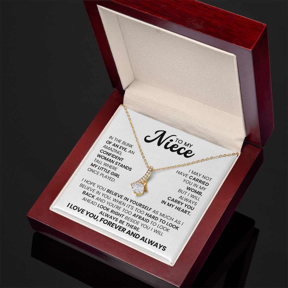 Alluring Beauty Necklace for Niece displayed in a luxurious box with a heartfelt message card for encouragement and love.