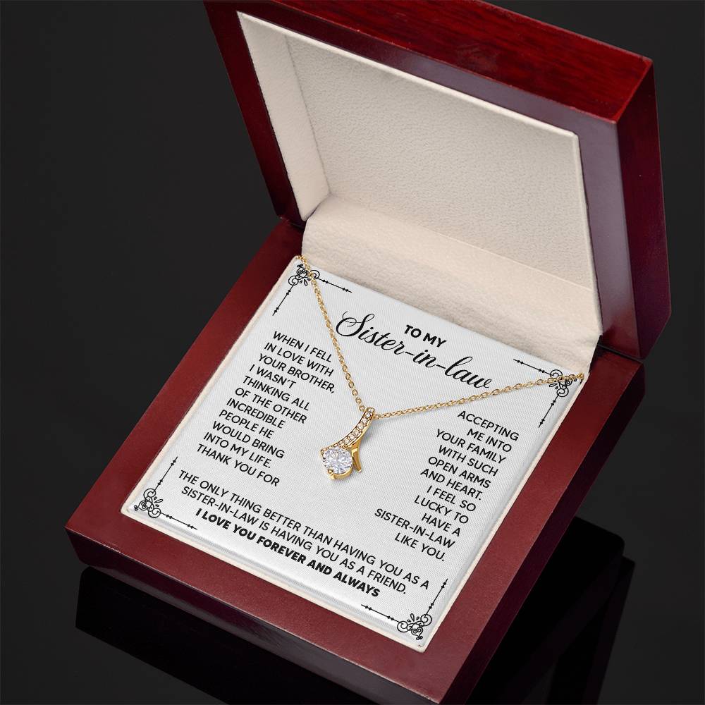 Alluring Beauty Necklace in gift box with a heartfelt message for sister-in-law, ideal for friendship, wedding, or birthday gift.