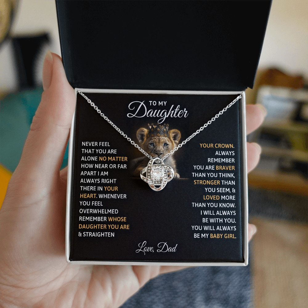Love Knot Necklace for Daughter with heartfelt message, perfect gift for expressing appreciation and love, featuring cubic zirconia pendant.