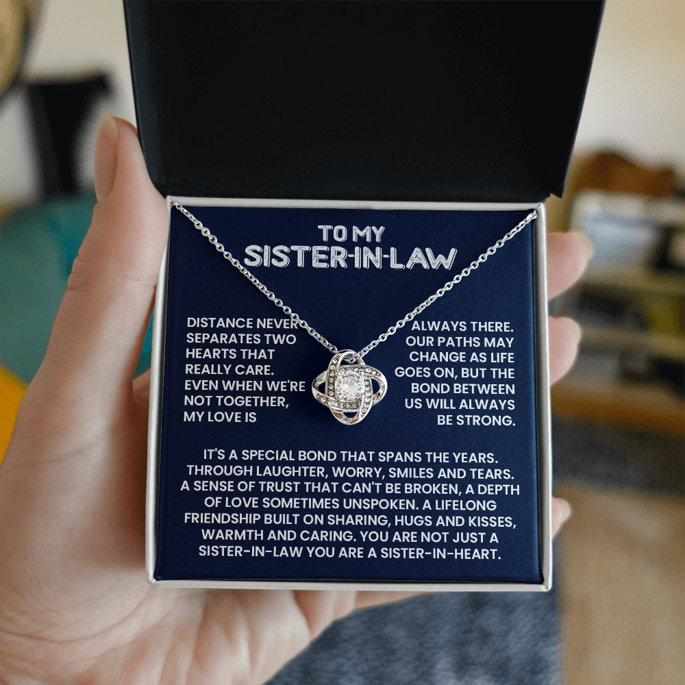 Love Knot Necklace with message card for sister-in-law, symbolizing unbreakable bond and heartfelt connection. Long distance gift.