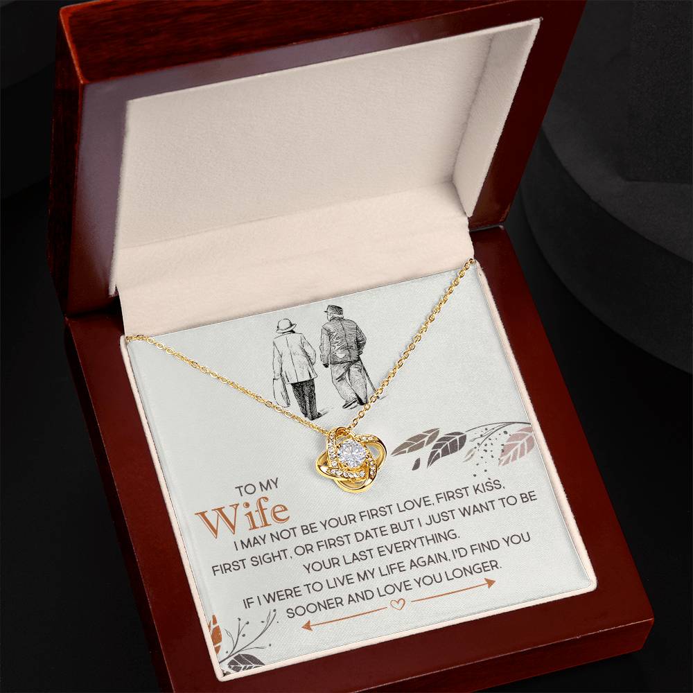Love Knot Necklace in gift box with heartfelt message card for wife; features 18k yellow gold over stainless steel and cubic zirconia pendant.