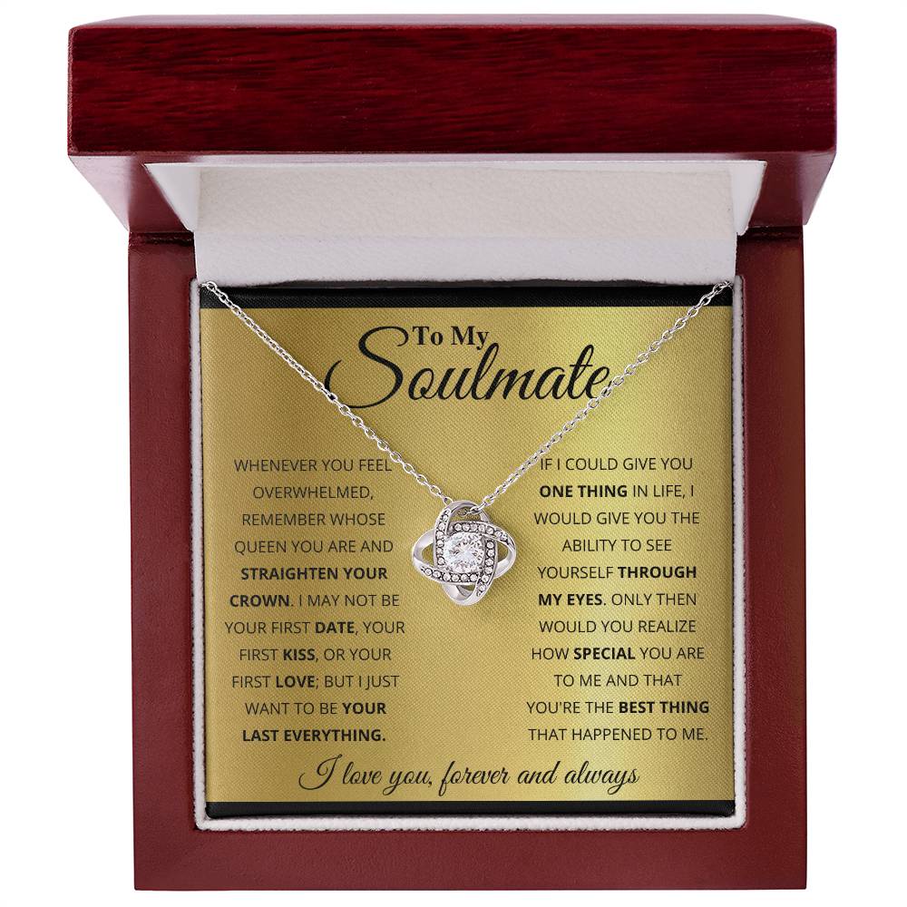 Love Knot Necklace in gift box for soulmate, featuring 14k white gold, cubic zirconia, love message, perfect sentimental gift.