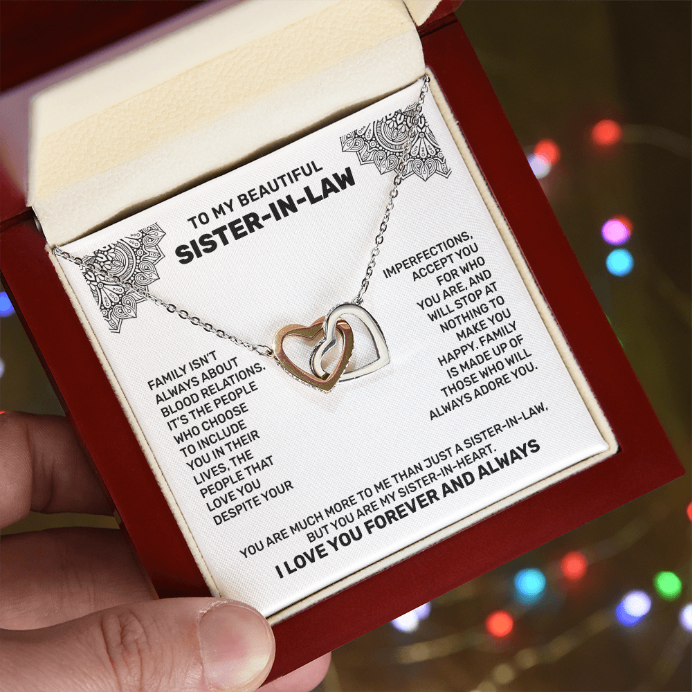 Interlocking Hearts Necklace for Sister-in-Law with heartfelt message card in gift box, celebrating chosen family bond.