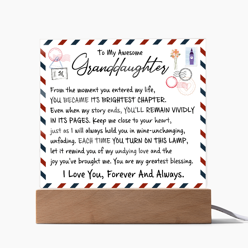 To My Awesome Granddaughter acrylic plaque with love letter design and glowing base, sentimental gift from grandparent