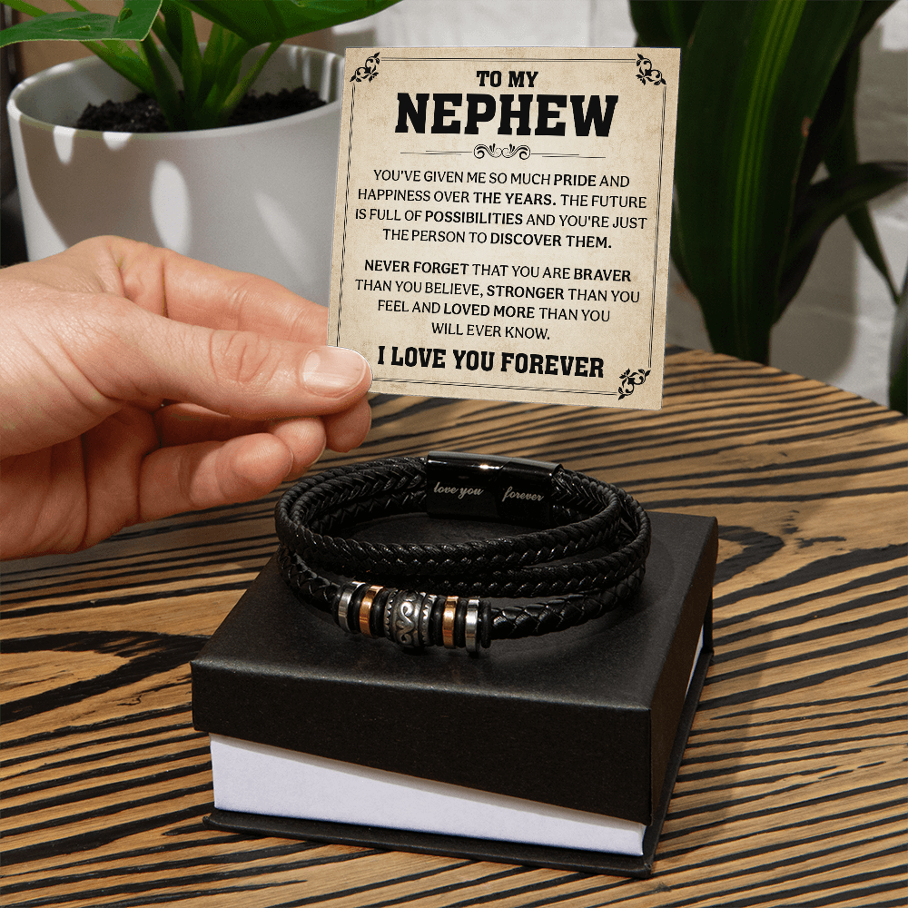 Black leather nephew bracelet with 'Love You Forever' engraving and message card, perfect gift from aunt or uncle to show love.