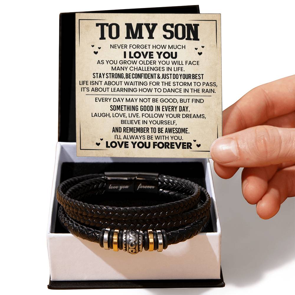 Gift box with 'To My Son' bracelet and heartfelt message card, perfect for birthdays, anniversaries, or expressing love and appreciation.
