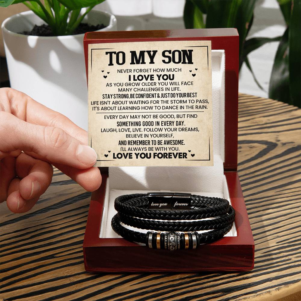 Men's 'Love You Forever' bracelet gift box with heartfelt card, ideal for sons, birthdays, and anniversaries. Daily reminder of love.