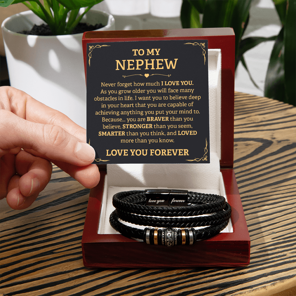 Love You Forever Nephew Bracelet with engraved message and gift box, a meaningful keepsake for nephews from aunts or uncles.