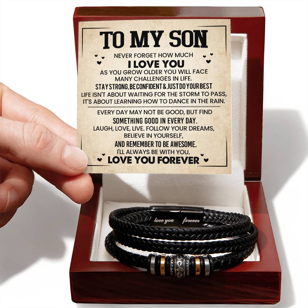 Men's 'Love You Forever' Bracelet with engraved message card, perfect gift for sons, features black braided design and elegant box.