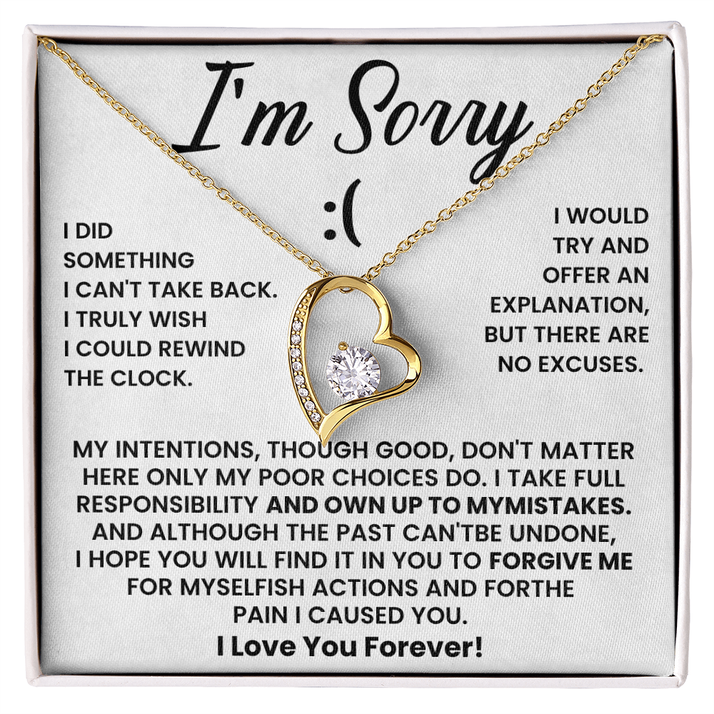 I'm Sorry gift necklace with a gold heart and diamond, paired with a heartfelt apology message for meaningful expression of love.