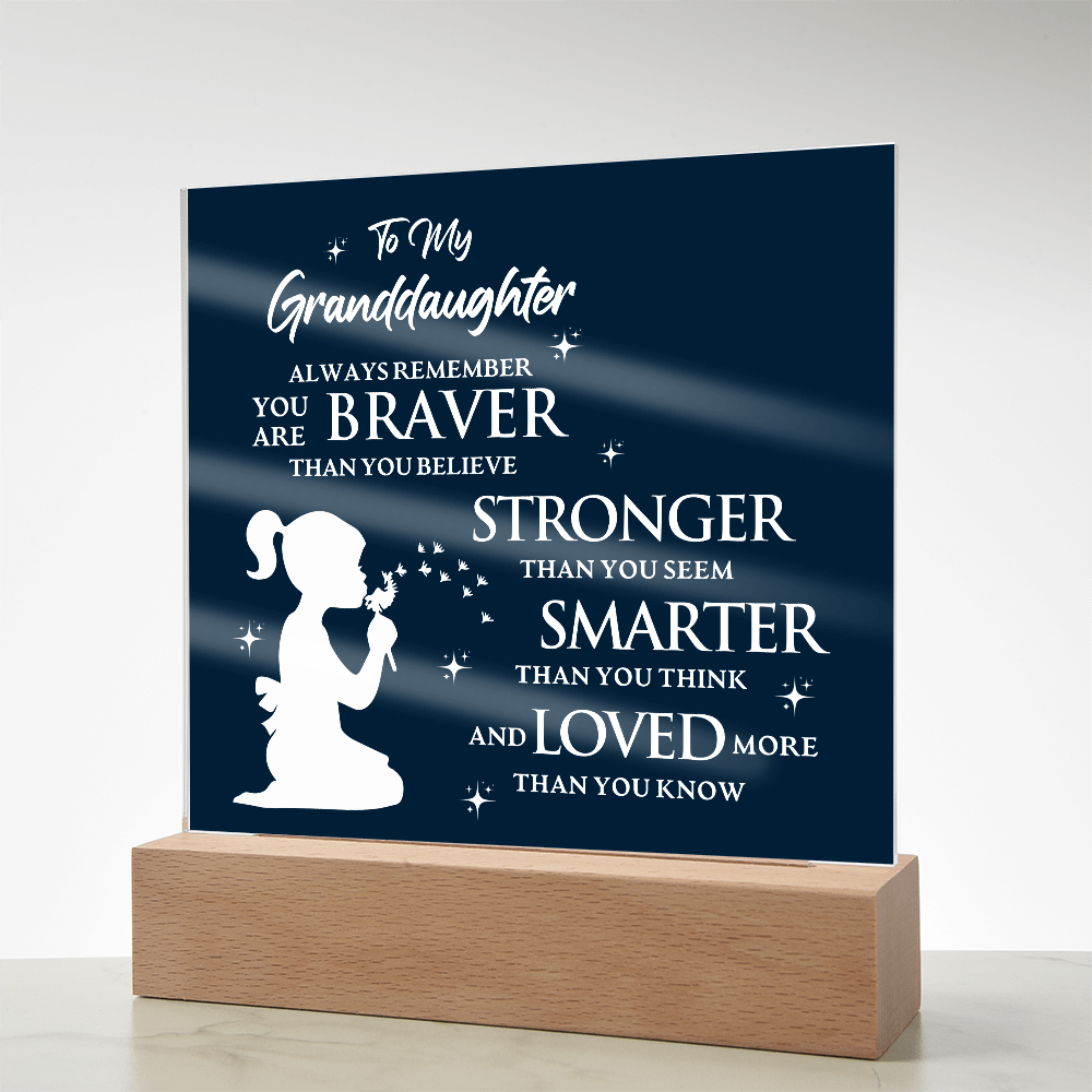 Acrylic plaque with inspirational message for granddaughter, featuring silhouette design and LED lighted base.
