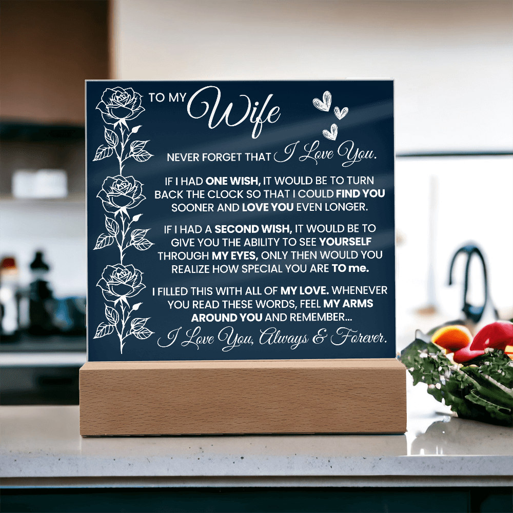 Acrylic plaque on wooden base with roses and romantic love message for wife from husband, perfect anniversary gift idea.