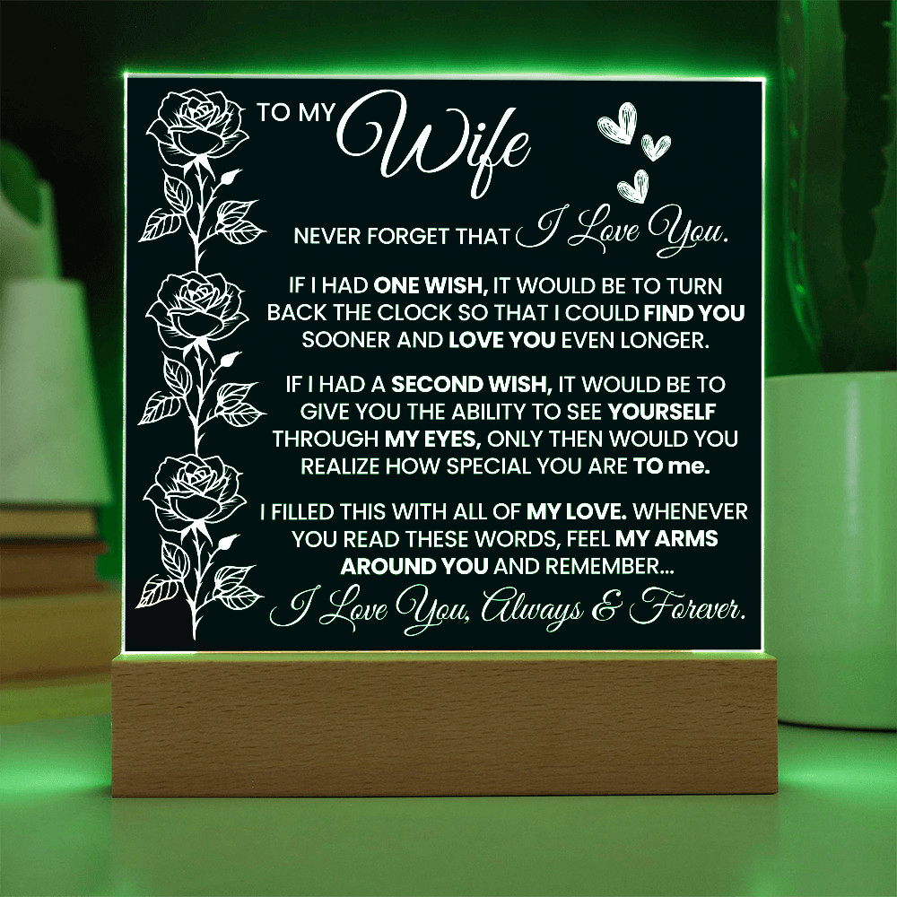 Romantic acrylic plaque gift for wife with rose design and loving message on an LED wooden base.