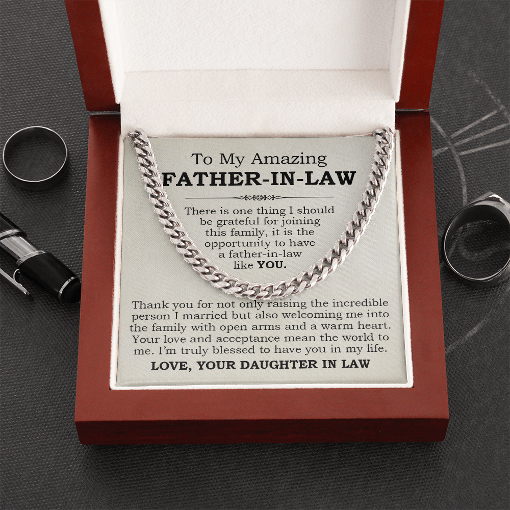 Cuban Link Chain for Father-in-Law with heartfelt message from Daughter-in-Law in gift box, expressing gratitude and appreciation.