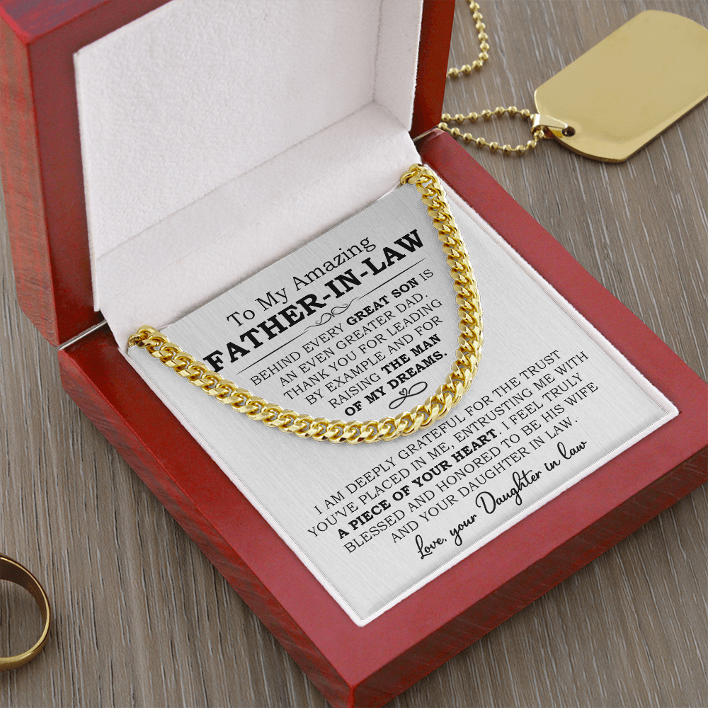 Gold Cuban link chain with message card in box, gift for father-in-law from daughter-in-law.