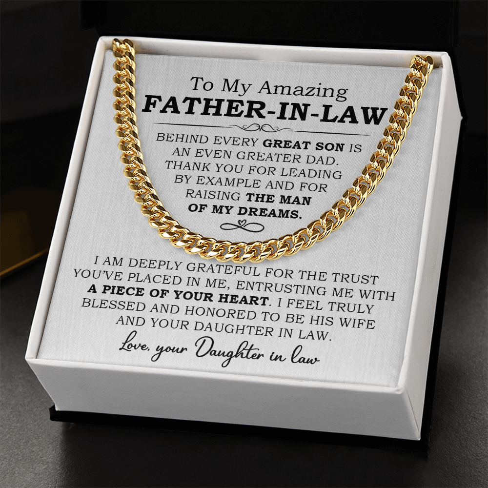 Gold Cuban Link Chain on message card gift for father-in-law from daughter-in-law, expressing gratitude and love.