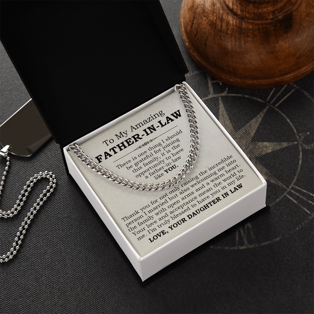 Cuban Link Chain gift for father-in-law in an open box with heartfelt message card from daughter-in-law, showing appreciation and family love.