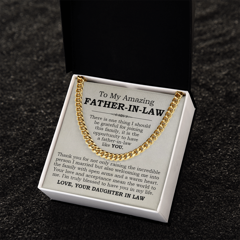 Father-in-law gift Cuban link chain with heartfelt thank-you message from daughter-in-law, stainless steel jewelry.