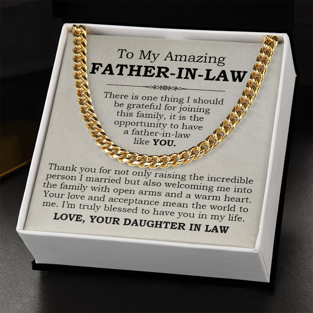 Cuban link chain gift for father-in-law with heartfelt message card from daughter-in-law in open gift box.