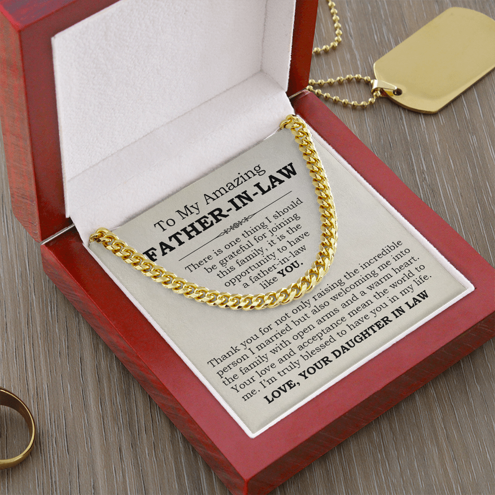 Father-in-Law Cuban Link Chain gift from daughter-in-law in a wooden box with a heartfelt message card, perfect appreciation token.