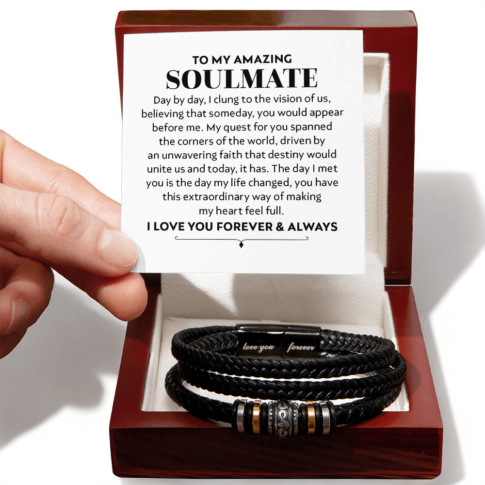 Men's braided leather bracelet with 'Love You Forever' engraving, displayed in a gift box with a soulmate message card.