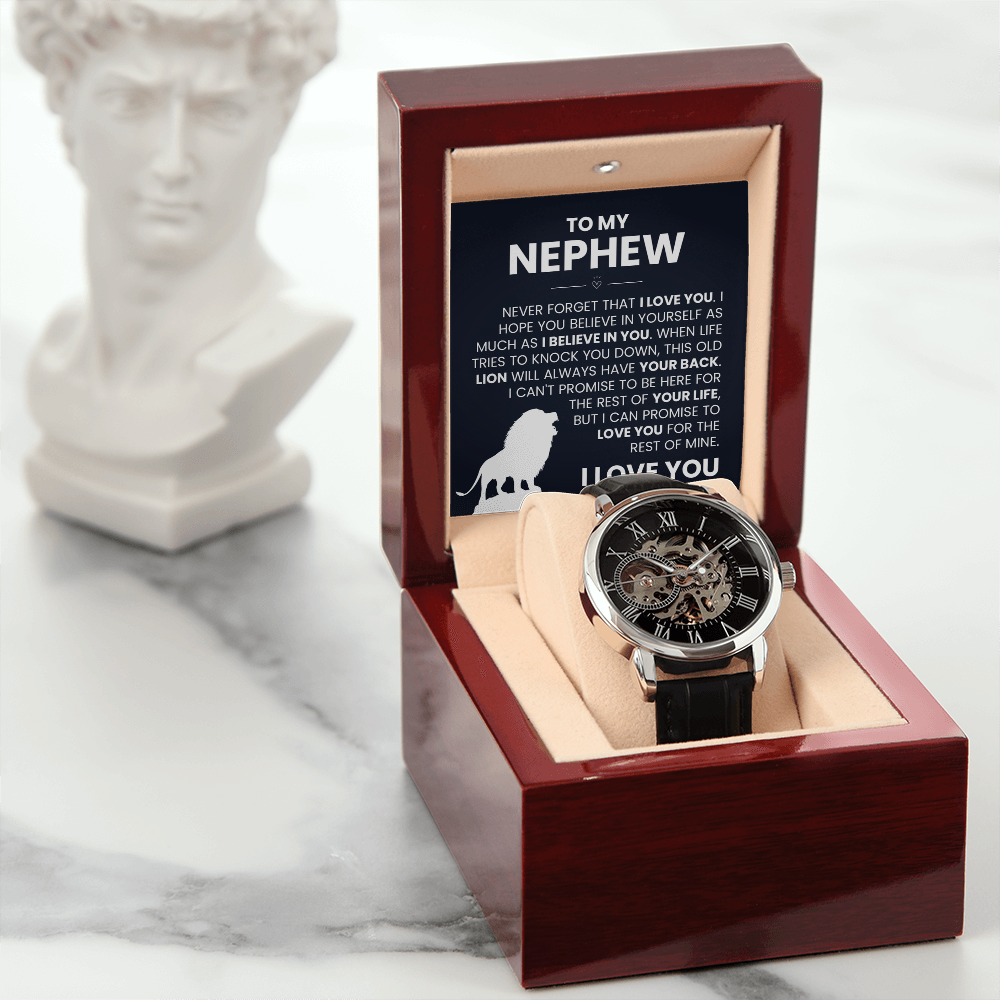 Men's openwork watch in a wooden box with a heartfelt message for nephew, perfect as a birthday gift combining elegance and personal touch.