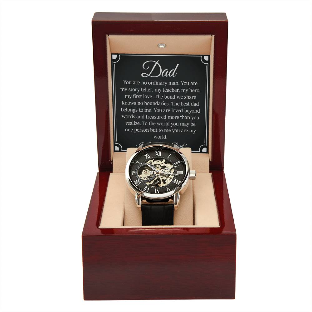 Men's openwork watch with leather strap in gift box, "You Are My World" message. Perfect luxury gift for Dad's timeless style.