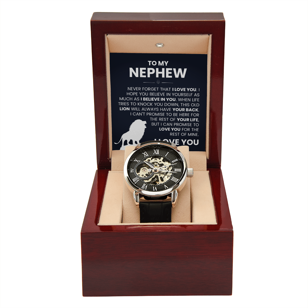 Men's openwork watch in gift box with note, perfect nephew gift from uncle or aunt, stylish mechanical design, genuine leather strap.