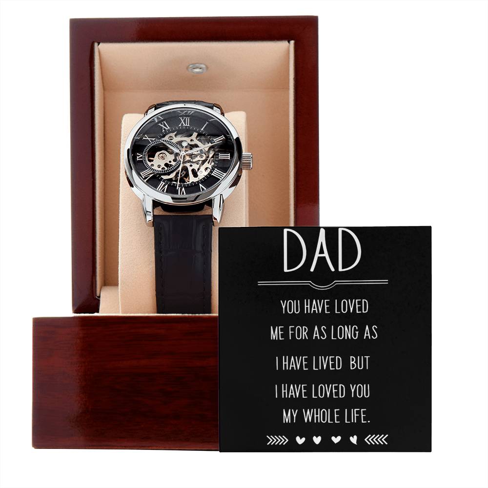 Men's openwork watch with leather strap in gift box, engraved with message 'Dad, you have loved me for as long as I have lived'.