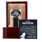 Men's openwork watch with skeleton dial, perfect birthday or encouragement gift for nephew from uncle or aunt, includes heartfelt message.