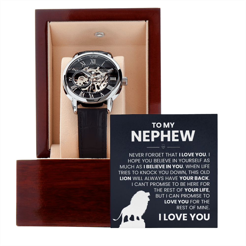 Men's openwork watch with skeleton dial, perfect birthday or encouragement gift for nephew from uncle or aunt, includes heartfelt message.